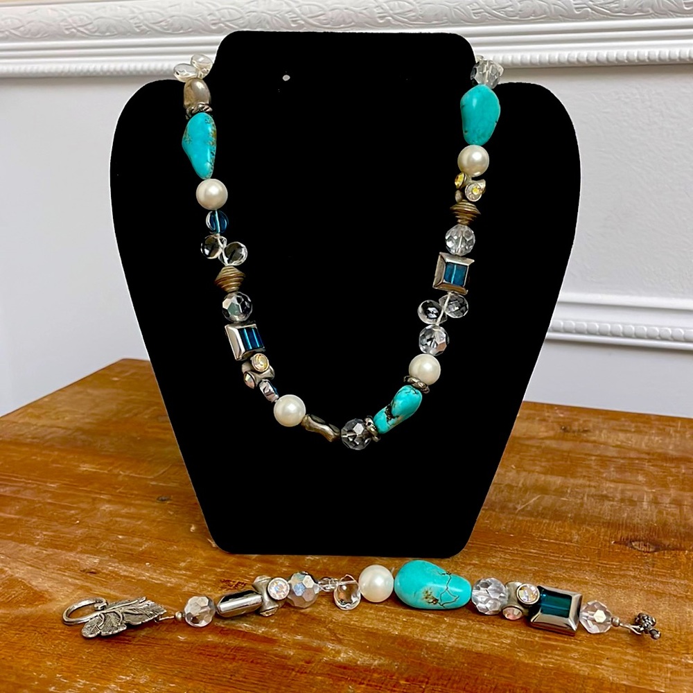 Crystals, Pearls and Faux Turquoise Necklace and Bracelet set